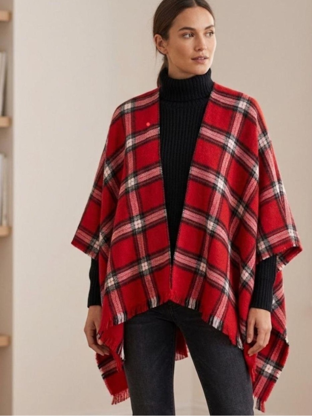 Loft Red Plaid Poncho Size M / L